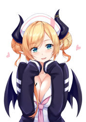 Rule 34 | 1girl, asymmetrical hair, bat tattoo, black jacket, blonde hair, blue eyes, blush, breast tattoo, breasts, cleavage, commentary, demon horns, demon wings, double bun, hair bun, hair ribbon, hat, heart, hololive, horns, jacket, kosuke (bb), large breasts, looking at viewer, medium hair, necktie, nurse cap, official alternate costume, open clothes, open jacket, open mouth, parted bangs, pink necktie, pointy ears, ribbon, shirt, sidelocks, sleeves past wrists, smile, solo, tattoo, upper body, virtual youtuber, white hat, white ribbon, white shirt, wings, yuzuki choco, yuzuki choco (nurse)