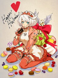 Rule 34 | 1girl, :p, ahoge, black gloves, blue eyes, blueberry, boots, bracelet, breasts, clover, collar, dress, elphelt valentine, fingerless gloves, food, four-leaf clover, frilled dress, frills, fruit, gloves, guilty gear, guilty gear strive, hairband, happy holidays, highres, huge ahoge, jacket, jewelry, kujou non, large breasts, looking at viewer, macaron, pink dress, pink footwear, pink hairband, pink jacket, short hair, sitting, skull print, smile, spiked bracelet, spiked collar, spiked hairband, spikes, strawberry, thigh boots, tongue, tongue out, two-tone dress, wariza, white dress, white hair
