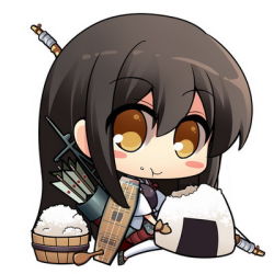 Rule 34 | 10s, 1girl, :t, akagi (kancolle), armor, arrow (projectile), blush stickers, bow (weapon), brown hair, chibi, food, food on face, gloves, hitsuki rei, japanese clothes, kantai collection, long hair, looking at viewer, lowres, machinery, muneate, onigiri, personification, quiver, rice, rice on face, solo, spatula, weapon, yellow eyes