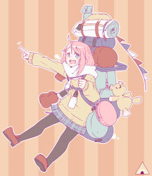 Rule 34 | 1girl, :d, axe, backpack, bad id, bad pixiv id, bag, black pantyhose, blue eyes, character request, flat color, full body, hetareeji, highres, open mouth, outline, pantyhose, pink hair, plaid, plaid skirt, pointing, scarf, shoes, simple background, skirt, smile, solo, striped, striped background, stuffed animal, stuffed toy, teddy bear, vertical stripes, weapon, white outline, yurucamp