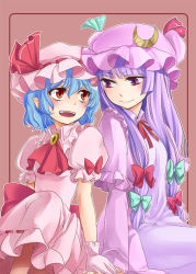 Rule 34 | 2girls, blue hair, crescent, crescent hat ornament, embodiment of scarlet devil, eye contact, fangs, female focus, gloves, hat, hat ornament, holding hands, long hair, looking at another, matilda (matildax), multiple girls, patchouli knowledge, photoshop (medium), pointy ears, purple eyes, purple hair, red eyes, remilia scarlet, ribbon, short hair, smile, touhou