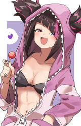Rule 34 | 1girl, :d, bikini, black bikini, black hair, blue eyes, breasts, candy, commentary request, fang, food, gazacy (dai), hair through hood, han juri, heart, heterochromia, highres, holding, holding candy, holding food, holding lollipop, hood, hooded jacket, jacket, lollipop, looking at viewer, medium breasts, multicolored hair, navel, open clothes, open mouth, pink eyes, pink hair, short hair, sidelocks, skin fang, smile, solo, spoken heart, street fighter, street fighter 6, swimsuit, two-tone hair