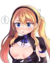 Rule 34 | 1girl, blonde hair, blue eyes, blush, breasts, cleavage cutout, clothes tug, clothing cutout, commentary request, elbow gloves, elina lavrentieva, gloves, hair between eyes, hairband, highres, neit ni sei, open mouth, original, small breasts, solo, surprised, translated, twintails, upper body, white background