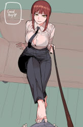 Rule 34 | 1girl, black necktie, black pants, breasts, bulge, chainsaw man, collared shirt, commentary, english text, feet, femdom, heart, highres, holding, holding leash, large breasts, leash, long sleeves, looking at viewer, makima (chainsaw man), medium hair, necktie, open clothes, open shirt, pants, pov, pov crotch, ratatatat74, red hair, ringed eyes, shirt, sidelocks, sitting, smile, speech bubble, toes, viewer on leash, yellow eyes