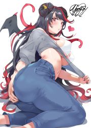Rule 34 | 1girl, akuma onee-chan no ai naru mono, black hair, black nails, blue pants, blush, bra, breasts, covered erect nipples, covering privates, covering ass, demon girl, demon horns, demon wings, denim, feet out of frame, fingernails, grey shirt, heart, highres, horns, jeans, large breasts, long hair, looking at viewer, multicolored hair, nail polish, navel, pants, red eyes, red hair, shirt, signature, simple background, solo, stomach, swept bangs, twitter username, underwear, very long hair, white background, white bra, wings, yanyo (ogino atsuki)