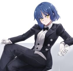 Rule 34 | 1girl, :|, absurdres, black suit, blue hair, bocchi the rock!, bottle, bow, bowtie, closed mouth, coat, commentary, crossed legs, dress shirt, expressionless, feet out of frame, formal, gloves, gradient background, grey vest, hand on own knee, head tilt, highres, holding, holding bottle, looking at viewer, open clothes, open coat, pouring, shirt, short hair, simple background, sitting, suit, vest, water bottle, white gloves, white shirt, yamada ryo, yellow eyes, zeranium (zeranium17)