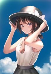 Rule 34 | 1girl, bare shoulders, black hat, black skirt, blue sky, bow, brown eyes, brown hair, closed mouth, cloud, cloudy sky, fumei (mugendai), hair between eyes, hair bow, hands on headwear, hands up, hat, hat bow, highres, light, looking at viewer, pink neckwear, ponytail, shirt, short hair, short ponytail, skirt, sky, sleeveless, solo, sunlight, touhou, usami renko, white bow, white shirt