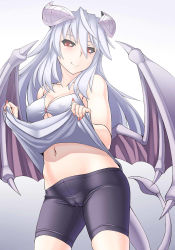 Rule 34 | 1girl, bat wings, bike shorts, black sclera, breasts, cameltoe, cleavage, clothes lift, colored sclera, covered erect nipples, demon girl, demon horns, demon tail, demon wings, dress, dress lift, horns, large breasts, lilim (monster girl encyclopedia), long hair, mari (maritan), monster girl, monster girl encyclopedia, myouan, navel, original, red eyes, shorts, silver hair, smile, solo, tail, wings