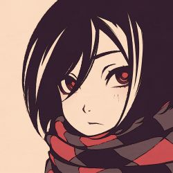 Rule 34 | 1girl, black hair, black scarf, bob cut, brown background, close-up, hair between eyes, moshimoshibe, original, portrait, red eyes, red scarf, scarf, short hair, simple background, solo, striped clothes, striped scarf, texture