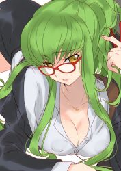 Rule 34 | 1girl, all fours, bent over, black skirt, breasts, business suit, c.c., cleavage, code geass, collarbone, collared shirt, covered erect nipples, creayus, dress shirt, formal, glasses, green hair, hanging breasts, jacket, jewelry, large breasts, long hair, lying, miniskirt, necklace, office lady, on stomach, pencil skirt, pursed lips, red-framed eyewear, shirt, sidelocks, skirt, skirt suit, solo, suit, unfinished, yellow eyes