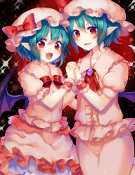Rule 34 | 2girls, asagi yuna, ascot, bad id, bad pixiv id, bat wings, blue hair, bow, dual persona, holding hands, hat, highres, looking at viewer, mob cap, multiple girls, pointy ears, red eyes, remilia scarlet, ribbon, short hair, touhou, wings, wrist cuffs