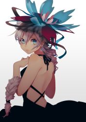 Rule 34 | 1girl, aqua eyes, back, backless dress, backless outfit, bare arms, bare shoulders, black dress, braid, bright pupils, closed mouth, commentary, dress, earrings, gradient background, hair between eyes, hair ornament, highres, jewelry, long hair, looking at viewer, looking back, matsuda toki, original, pink hair, serious, single braid, solo, symbol-only commentary, upper body, very long hair