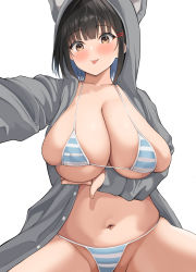 Rule 34 | 1girl, :p, absurdres, bikini, black hair, breasts, collarbone, grey jacket, highres, hood, hooded jacket, huge breasts, jacket, long sleeves, looking at viewer, navel, neneneji, open clothes, open jacket, original, selfie, short hair, simple background, solo, striped bikini, striped clothes, swimsuit, tongue, tongue out, white background