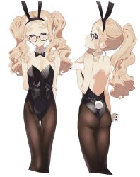 Rule 34 | 1girl, 2l (2lsize), animal ears, ass, backless leotard, bare shoulders, black leotard, black pantyhose, blonde hair, blue eyes, bow, bowtie, commentary request, detached collar, embarrassed, fake animal ears, fake tail, flat chest, glasses, gluteal fold, highres, leotard, lily (2l), long hair, looking at viewer, looking back, looking down, multiple views, original, pantyhose, playboy bunny, ponytail, rabbit ears, rabbit tail, simple background, strapless, strapless leotard, tail, thick eyebrows, thigh gap, twintails, wavy hair, white background, wrist cuffs