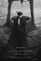 Rule 34 | 1girl, artist name, bloodborne, cape, commentary, copyright name, english text, from behind, full body, grey theme, greyscale, hat, hat feather, highres, holding, holding sword, holding weapon, lady maria of the astral clocktower, long hair, monochrome, outdoors, ponytail, solo, standing, sword, the old hunters, tricorne, tripdancer, weapon, well