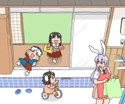 Rule 34 | 4girls, :d, = =, aged down, animal ears, apron, black hair, blue headwear, blush, book, bow, brown hair, chibi, closed eyes, comic, commentary request, dress, hat, hime cut, holding, holding book, houraisan kaguya, inaba tewi, indoors, koyama shigeru, long hair, long sleeves, lying, multiple girls, nurse cap, on back, open mouth, outdoors, pink dress, pink shirt, pink skirt, purple hair, rabbit ears, red apron, red eyes, reisen udongein inaba, riding tricycle, shirt, short sleeves, skirt, smile, touhou, tricycle, white bow, white hair, white shirt, yagokoro eirin