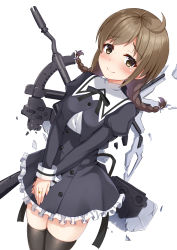 Rule 34 | 1girl, ahoge, assault lily, black ribbon, black skirt, black thighhighs, blush, braid, breasts, broken, broken weapon, brown eyes, brown hair, buttons, closed mouth, commentary request, cowboy shot, cropped jacket, dutch angle, flower, frilled skirt, frills, gungun (hakutou7887), hair flower, hair ornament, high-waist skirt, highres, jewelry, juliet sleeves, long hair, long sleeves, looking at viewer, low twin braids, low twintails, medium breasts, neck ribbon, own hands together, puffy sleeves, raised eyebrows, ribbon, ring, rokkaku shiori, school uniform, shirt, simple background, skirt, smile, solo, standing, swept bangs, thighhighs, twin braids, twintails, v arms, weapon, white background, white flower, white shirt, yurigaoka girls academy school uniform, zettai ryouiki