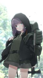 Rule 34 | 1girl, absurdres, backpack, bag, blue eyes, canteen, commentary, day, hatchet, highres, holding hatchet, hood, jacket, looking at viewer, oota youjo, original, outdoors, purple hair, solo