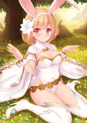 Rule 34 | 10s, 1girl, alternate costume, animal ears, belt, blonde hair, blush, breasts, brown eyes, cape, cleavage, closed mouth, covered navel, cross print, djeeta (granblue fantasy), eyebrows, eyelashes, fake animal ears, flower, granblue fantasy, grass, hairband, high heels, leotard, looking at viewer, on ground, outdoors, rabbit ears, rabbit tail, sage (granblue fantasy), shoes, short hair, short sleeves, sitting, smile, solo, strapless, strapless leotard, tail, thighhighs, tree, wariza, white cape, white flower, white footwear, white thighhighs, wrist cuffs, yoshiheihe