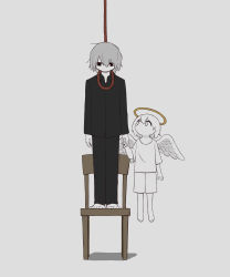 Rule 34 | 2boys, absurdres, angel, avogado6, barefoot, black eyes, black pants, black shirt, child, colored skin, commentary request, flying, grey hair, highres, holding hands, imminent suicide, looking down, looking up, multiple boys, noose, on chair, original, pants, peril, shirt, shorts, simple background, standing, suicide, white background, white eyes, white hair, white shirt, white shorts, white skin, white wings, wings