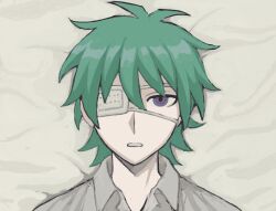 Rule 34 | collared shirt, eyepatch, green hair, looking at viewer, lying, medical eyepatch, memento marchen, non-web source, parted lips, purple eyes, shez, shirt, teeth, wakaba