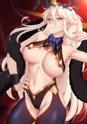 Rule 34 | 1girl, absurdres, animal ears, areola slip, artoria pendragon (all), artoria pendragon (fate), artoria pendragon (lancer alter) (fate), artoria pendragon (swimsuit ruler) (fate), blonde hair, breasts, breath, cleft of venus, fate/grand order, fate (series), fishnet legwear, fishnets, genkung, hand on own hip, highres, impossible clothes, large breasts, long hair, looking at viewer, meme attire, midriff, navel, rabbit ears, revealing clothes, reverse bunnysuit, reverse outfit, smile, solo, stole, tiara, yellow eyes