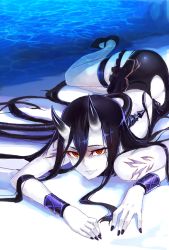 Rule 34 | 10s, 1girl, abyssal ship, ass, backless dress, backless outfit, bad id, bad pixiv id, battleship princess, black hair, black nails, butt crack, colored eyelashes, cuffs, dress, high heels, horns, kantai collection, long hair, looking at viewer, lying, mole, mole under eye, nail polish, partially submerged, red eyes, smile, solo, sw (2311550438), tattoo, thigh strap, torn clothes, very long hair