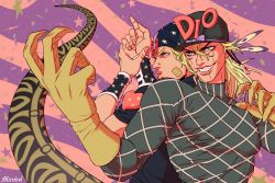 Rule 34 | artist name, bad id, bad twitter id, bandaid, bandaid on face, blonde hair, blue eyes, bow, claws, cracked skin, diego brando, dinosaur tail, fang, feathers, fighting stance, finger gun, foreshortening, gloves, grin, hat, heart, horseshoe, johnny joestar, jojo no kimyou na bouken, male focus, marion-ville, purple bow, scary monsters (stand), smile, star (symbol), starry background, steel ball run, striped, striped background, tail, turtleneck, wristband, yellow gloves