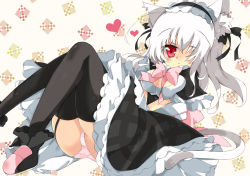 Rule 34 | 1girl, animal ears, apron, black thighhighs, blush, bow, breasts, cat ears, cat tail, character request, cleavage, cleavage cutout, clothing cutout, dress, garter straps, hair bow, hair over one eye, heart, long hair, lying, maid, maid apron, maid headdress, milkpanda, on back, open mouth, panties, pantyshot, phantasy star, phantasy star online, phantasy star online 2, pink panties, red eyes, ribbon, sega, solo, tail, thighhighs, underwear, white hair