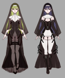 Rule 34 | 2girls, aoiii, black footwear, blue eyes, blue hair, boots, breasts, cleavage, cleavage cutout, clothing cutout, commentary, cross, cross earrings, detached collar, earrings, elbow gloves, english commentary, fingerless gloves, gloves, green eyes, green hair, grey background, jewelry, long hair, multiple girls, nun, open hands, original, pantyhose, sketch, thigh strap, thighhighs, variations, very long hair, wrist straps