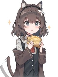 Rule 34 | 1girl, animal ear fluff, animal ears, black choker, black hairband, black vest, bread, brown hair, brown jacket, buttons, cat ears, cat girl, choker, collared shirt, dot nose, excited, food, grey eyes, hair ornament, hairband, highres, holding, holding food, jacket, long sleeves, looking at viewer, medium hair, melon bread, original, parted lips, satou (3366 s), shirt, simple background, solo, sparkle, tail, tail wagging, vest, white background, white shirt