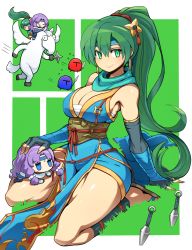 Rule 34 | 2girls, bare shoulders, blue legwear, blush, breasts, chibi, circlet, cleavage, earrings, elbow gloves, fire emblem, fire emblem: the blazing blade, fire emblem heroes, florina (fire emblem), gloves, green background, green eyes, green hair, hand on another&#039;s head, headband, highres, japanese clothes, jewelry, kara age, kneeling, knife, large breasts, long hair, lyn (fire emblem), multiple girls, ninja, nintendo, pegasus, pegasus knight uniform (fire emblem), ponytail, purple hair, scarf, sheath, shuriken, simple background, smile, sword, thighs, throwing knife, weapon, white background, wide hips