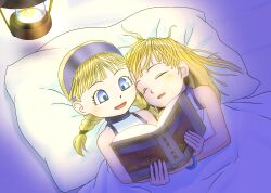 Rule 34 | 2girls, bed, blanket, blonde hair, blue bracelet, blue eyes, blush, book, child, closed eyes, commentary request, dragon quest, dragon quest xi, highres, holding, holding book, lantern, lying, messy hair, momoreport, multiple girls, on back, on side, open mouth, pillow, reading, senya (dq11), short hair, siblings, sisters, sleeping, smile, under covers, veronica (dq11)