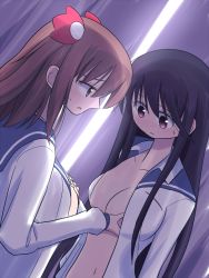 Rule 34 | 2girls, artist request, black hair, grabbing another&#039;s breast, breasts, brown eyes, brown hair, character request, copyright request, curtains, grabbing, highres, large breasts, long hair, looking at another, multiple girls, navel, open clothes, open shirt, school uniform, serafuku, shirt, standing, sweat, yuri