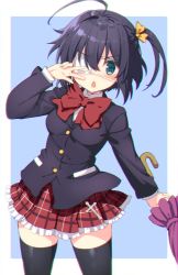 Rule 34 | 1girl, ahoge, black hair, black thighhighs, blue eyes, blush, bow, bowtie, breasts, chuunibyou demo koi ga shitai!, commentary request, cross, dot nose, eyepatch, hair between eyes, hair ornament, hair ribbon, holding, holding umbrella, jacket, long sleeves, looking at viewer, medium breasts, one side up, open mouth, osa (osaosa), plaid, plaid skirt, pleated skirt, red bow, red bowtie, ribbon, school uniform, short hair, simple background, skirt, solo, takanashi rikka, thighhighs, two-tone background, umbrella, v-shaped eyebrows, w, yellow ribbon