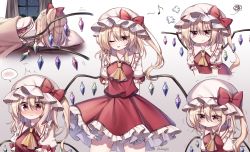 Rule 34 | absurdres, bad id, bad pixiv id, blonde hair, blush, bow, collarbone, crystal, hugging doll, dress, expressions, flandre scarlet, gradient background, hair between eyes, hat, highres, jewelry, mob cap, multiple views, hugging object, pink dress, pink headwear, pudding (skymint 028), purple hair, red bow, red eyes, red skirt, red vest, remilia scarlet, shirt, side ponytail, signature, skirt, spoken blush, stuffed toy, touhou, vest, white headwear, white shirt, wings, yellow neckwear