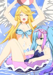 Rule 34 | 2girls, absurdres, aqua eyes, aqua hair, bikini, blonde hair, closed eyes, goggles, goggles on head, hel (valkyrie connect), highres, multicolored hair, multiple girls, one-piece swimsuit, one eye closed, open mouth, shikniful, skuld (valkyrie connect), swimsuit, two-tone hair, valkyrie connect, water