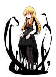 Rule 34 | 1girl, alternate hair length, alternate hairstyle, blonde hair, blouse, clothes lift, darkness, ex-rumia, full body, long hair, necktie, office lady, aged up, red eyes, rumia, shirt, skirt, skirt lift, torikokoro, touhou, transparent background, vest