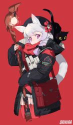 Rule 34 | 1girl, animal, animal ear fluff, animal ears, bag, barcode, black bow, black cat, black coat, black eyes, black headwear, bow, cat, closed mouth, coat, collar, colored sclera, fur trim, grey hair, hair bow, hat, highres, holding, holding staff, light bulb, light purple hair, long hair, multicolored eyes, multicolored hair, open clothes, open coat, original, orihira, padded coat, pink eyes, pink pupils, pouch, purple eyes, purple hair, red background, red bag, red collar, red scarf, red thighhighs, scarf, signature, simple background, skindentation, sleeves past wrists, staff, tail, thigh gap, thighhighs, yellow sclera, zipper