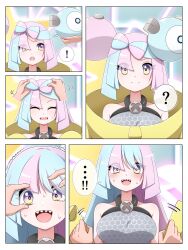 Rule 34 | !, ...!, 1girl, ?, absurdres, blue hair, blush, bow-shaped hair, breasts, character hair ornament, creatures (company), game freak, gen 1 pokemon, hair ornament, hexagon print, highres, iono (pokemon), jacket, large breasts, light blue hair, long hair, low-tied long hair, magnemite, medium breasts, multicolored hair, nintendo, oversized clothes, pink hair, pokemon, pokemon sv, removing jacket, shabana may, sharp teeth, sleeves past fingers, sleeves past wrists, split-color hair, sweatdrop, teeth, trembling, two-tone hair, very long sleeves, x, yellow jacket