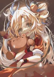 Rule 34 | 1girl, :d, absurdres, arknights, blue eyes, bow, chino (user zdyd2447), dress, hair bow, highres, holding, holding stuffed toy, long hair, looking at viewer, mole, mole under eye, hugging object, open mouth, orange dress, orange hair, pinecone (arknights), pinecone (sing a song) (arknights), red bow, short sleeves, smile, solo, stuffed toy, teeth, twintails, upper body, upper teeth only, wristband