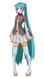 Rule 34 | 1girl, alternate costume, aqua eyes, aqua hair, boots, full body, hatsune miku, headset, high heels, highres, long hair, nail polish, necktie, oonishi shunsuke, pigeon-toed, shoes, simple background, skirt, sleeves past wrists, solo, thigh boots, thighhighs, twintails, very long hair, vocaloid, white background