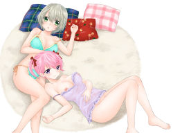 Rule 34 | 2girls, bare legs, bottomless, bra, breasts, brown hair, cleavage, covered navel, green eyes, large breasts, lying, multiple girls, navel, nightgown, on back, original, ozaki mirai, panties, pillow, pink hair, purple eyes, short twintails, sugimoto ai, twintails, underwear, underwear only