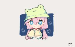 Rule 34 | 1girl, arknights, blue background, blue eyes, blue poison (arknights), blush, border, bucket hat, chibi, closed mouth, commentary, cropped torso, green hat, green jacket, hair between eyes, hat, jacket, long hair, looking at viewer, low twintails, pink hair, ruri (dailybloopy), simple background, sleeves past wrists, solo, twintails, upper body, white border
