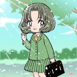 Rule 34 | 1girl, bag, blazer, cardcaptor sakura, dress, green dress, green skirt, jacket, nekoi tsubaki, sasaki rika, school bag, school uniform, skirt, solo, sunlight