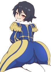 Rule 34 | 1girl, ass, black hair, blue jacket, blue legwear, blue pants, blush, breasts, cameltoe, cleft of venus, commentary, epaulettes, frottage, gold trim, grin, grinding, hair between eyes, jacket, large breasts, looking at viewer, looking back, megido72, naughty face, pants, short hair, simple background, smile, solo, tight clothes, tight pants, tomboy, white background, yotubeya, zagan (megido72)
