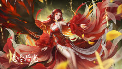 Rule 34 | 1girl, absurdres, chest cutout, chinese clothes, detached sleeves, dragon, facial mark, falling petals, forehead mark, hair ornament, highres, huo linger (wanmei shijie), leg up, long hair, long sleeves, parted lips, petals, red eyes, red hair, red nails, second-party source, solo, teeth, two-tone dress, upper body, wanmei shijie, yi zi zi