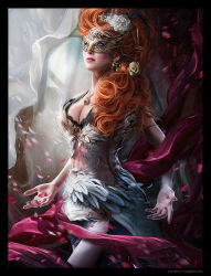 Rule 34 | 1girl, artist name, blue eyes, breasts, cleavage, earrings, feathers, flower, hair flower, hair ornament, jewelry, legend of the cryptids, long hair, mask, necklace, official art, orange hair, petals, solo