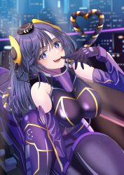 Rule 34 | 1girl, absurdres, biker clothes, bikesuit, black bikesuit, bodysuit, breasts, cleavage, duel monster, gloves, highres, hikage, i:p masquerena, large breasts, long hair, looking at viewer, motor vehicle, motorcycle, pants, purple eyes, purple gloves, purple hair, purple pants, sidelocks, smile, solo, tail, tight clothes, tongue, tongue out, twintails, yu-gi-oh!