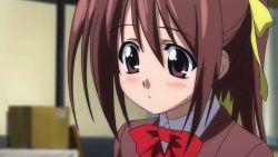 Rule 34 | blush, brown hair, highres, mitsuki sohara, purple eyes, red ribbon, ribbon, school uniform, sora no otoshimono, yellow ribbon